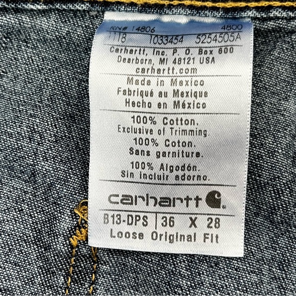 Carhartt Men’s Loose Original Fit Dungaree Work Denim Jeans Size 36X28 NWT - Picture 5 of 9